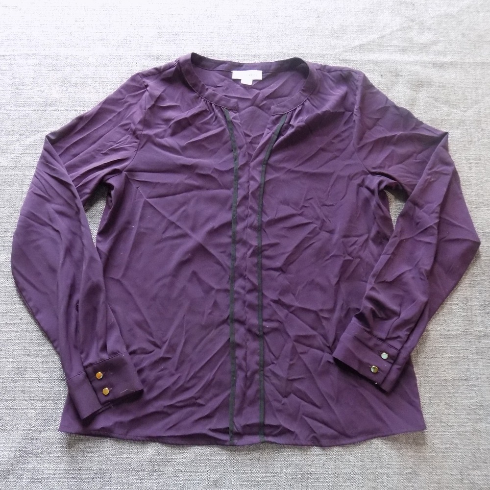 Calvin Klein Blouse Womens S Purple Good Split Neck Gold Button Contrast Trim